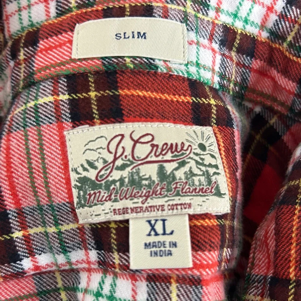 J. Crew XL Slim Mid-Weight Flannel Shirt Red Plaid Regenerative Cotton Mens